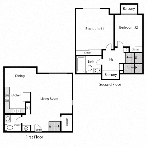 Floor plan for 2 beds, 2 baths, 942 sqft